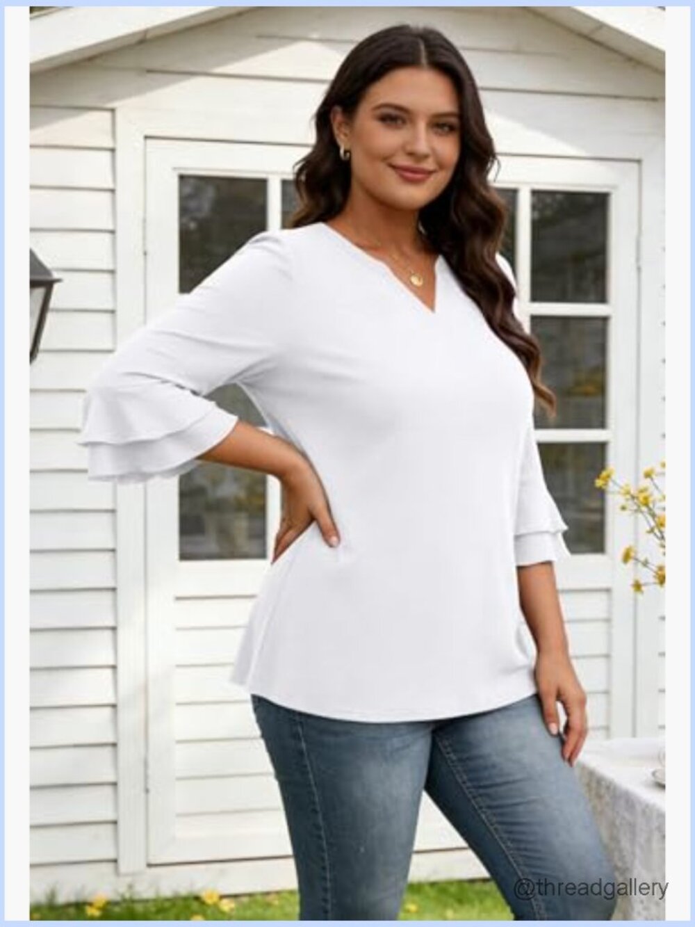 3/4 Bell Sleeve V Neck Tunic Blouse Business Casual Tops - Picture 5 of 7